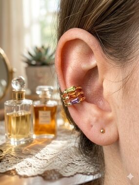 Gold Ear Cuff with Green and Purple Baguette Stones